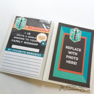 An open white binder displays two cards: the left card shows a "Best Life Ever List" challenge to "Invite a single person to your family worship" with a section for "My Favorite Memories", and the right card has a "Best Life Ever List" logo with text "Replace with photo here!".