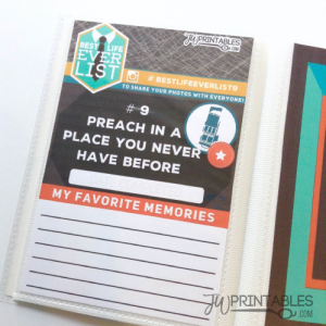 A card from a "Best Life Ever List" is displayed in a clear plastic sleeve, featuring item #9: "PREACH IN A PLACE YOU NEVER HAVE BEFORE," with spaces to record a completion date and favorite memories.