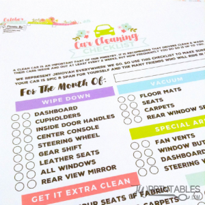 A car cleaning checklist is displayed, featuring sections for "Wipe Down," "Vacuum," and "Special Areas," along with introductory text about maintaining a clean car for ministry.