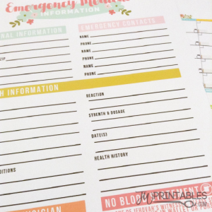 A close-up of a printable emergency medical information sheet shows sections for personal information, emergency contacts, health information, and a "No Blood" directive.