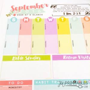 A colorful weekly planner page for September 2016, featuring daily sections for ministry and personal tasks, dedicated areas for Bible studies, return visits, a to-do list, a habit tracker, and a Bible verse from 1 Timothy 2:3-4.