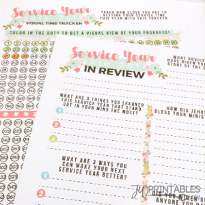 Two printable sheets are shown, one a "Service Year 2016-2017 Visual Time Tracker" with numbered circles, and the other a "Service Year 2016-2017 In Review" with reflective prompts.