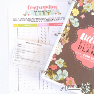 A binder is open to a "Congregation TO WORK WITH LIST" page and a "FIELD SERVICE REPORT" slip, with the binder cover visible showing "ultimate PIONEER PLANNER 2016-2017" and a floral design.