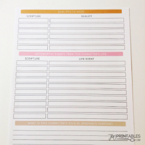 A printable worksheet is displayed, featuring sections titled "QUALITIES TO AVOID," "NOTEWORTHY EVENTS FROM THIS CHARACTER'S LIFE," and "WHAT IS THIS CHARACTER'S ROLE IN JEHOVAH'S PURPOSE?", each with blank lines and columns for scripture, quality, or life event.