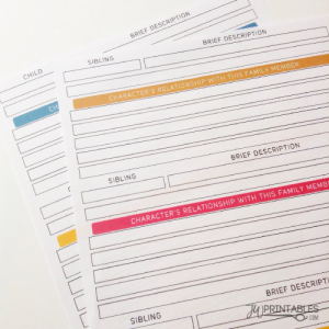 Several white printed forms with black text and lines are stacked, displaying sections for "BRIEF DESCRIPTION," "SIBLING," "CHILD," and "CHARACTER'S RELATIONSHIP WITH THIS FAMILY MEMBER," with some sections highlighted in orange, blue, red, and yellow, and a "JU PRINTABLES.COM" watermark visible at the bottom right.