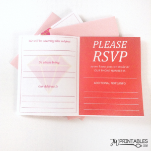 An open pink and red invitation card is displayed, featuring text fields for "We will be covering this subject," "So please bring," and "Our Address Is" on the left, and "PLEASE RSVP," "so we know you can make it! OUR PHONE NUMBER IS," and "ADDITIONAL NOTE/INFO" on the right, with a "JW PRINTABLES .COM" logo at the bottom.