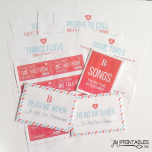 A collection of printable cards and sheets is displayed, featuring titles such as "Things I Love," "People to Call When Feeling Down," "Songs That Will Take My Blues Away," "Read Me When You Need Some Encouragement," and "One Hug From" tickets.