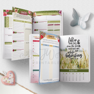 An open planner displays various pages including a "Week at a Glance" for August 2018, sections for "Top Priorities" and "Personal Study Plan," a "Widening Out in Your Congregation" activity, and a page with a quote about harvesting and an August 2018 calendar, with a decorative butterfly and heart nearby.