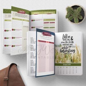 An open planner displays August 2018 weekly and monthly layouts, service plans, study plans, and ministry goals, alongside a quote about harvesting, a brown leather bag, and a potted cactus.