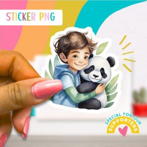 JW Sticker: Boy Hugging Panda With Leaves