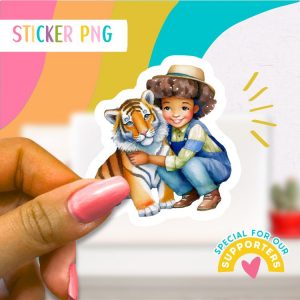 JW Sticker: Girl In Overalls Hugging Tiger