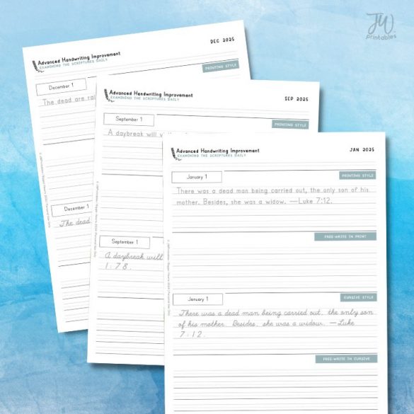 Aug 2025 Daily Text Handwriting Improvement - Teens + Adults - JW Printables