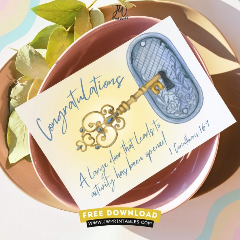 JW Free Printable – Printable SKE Congratulations Card | Key & Keyhole Design | 1 Corinthians 16:9