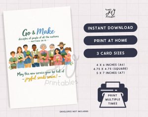 A greeting card design featuring the text "Go & Make disciples of people of all the nations MATTHEW 28:19" and an illustration of diverse individuals holding plants and flowers, with product details for instant download and print-at-home options in three card sizes displayed on the right.