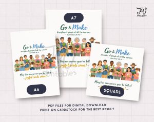 Three white cards, labeled A7, A6, and SQUARE, display a common design featuring the text 'Go & Make disciples of people of all the nations - MATTHEW 28:19', an illustration of people holding plants, and the message 'May this new service year be full of - joyful seeds sown!', advertised as PDF files for digital download from 'JW Printables'.