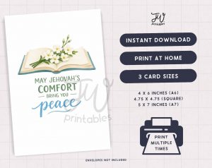 A digital product image displays a greeting card design featuring an open book with white flowers and the text "MAY JEHOVAH'S COMFORT BRING YOU peace", accompanied by product information such as "INSTANT DOWNLOAD", "PRINT AT HOME", "3 CARD SIZES", and "ENVELOPES NOT INCLUDED".