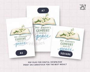 Three white cards, labeled A7, A6, and SQUARE, display a design of an open book with white flowers and the text "MAY JEHOVAH'S COMFORT BRING YOU peace," with additional text at the bottom stating "PDF FILES FOR DIGITAL DOWNLOAD PRINT ON CARDSTOCK FOR THE BEST RESULT."