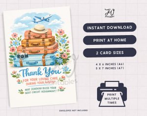 A greeting card with a watercolor illustration of stacked suitcases, a hat, a camera, flowers, and an airplane, features text that reads "Thank You FOR YOUR LOVING CARE DURING YOUR VISITS! MAY JEHOVAH BLESS YOUR NEXT CIRCUIT ASSIGNMENT!", alongside information about instant download, print at home, two card sizes (4x6 and 5x7 inches), and the ability to print multiple times.