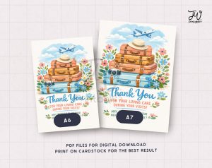 Two thank-you cards with a travel theme, featuring stacked suitcases, a hat, a camera, an airplane, and flowers, are displayed with labels A6 and A7, alongside text indicating they are PDF files for digital download to be printed on cardstock, and a 'JW printables' logo.