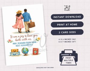A greeting card design features an illustration of a couple walking away with luggage, accompanied by text that reads "It was a joy to have you both with us. MAY JEHOVAH BLESS YOUR NEXT ASSIGNMENT!", along with details about instant download, print at home, two card sizes (4x6 and 5x7 inches), and the ability to print multiple times, noting that envelopes are not included.