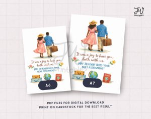 Two greeting cards, labeled A6 and A7, feature an illustration of a couple walking away with a suitcase, accompanied by text that reads "It was a joy to have you both with us. MAY JEHOVAH BLESS YOUR NEXT ASSIGNMENT!", along with images of suitcases, a globe, and a passport, and a "JW Printables" logo.