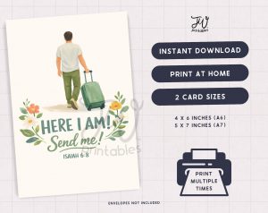 A digital product image displays a greeting card design featuring a person walking away with a suitcase and flowers, with the text "HERE I AM! Send me! ISAIAH 6:8", accompanied by information about instant download, print-at-home, two card sizes (4x6 inches A6, 5x7 inches A7), and the option to print multiple times, noting that envelopes are not included.