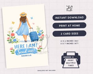 A greeting card design features a person in a hat and blue dress pulling a suitcase, surrounded by flowers and butterflies, with the text "HERE I AM! Send me! ISAIAH 6:8", alongside product details for "JW printables" including instant download, print at home, two card sizes (4x6 and 5x7 inches), and the ability to print multiple times.