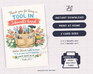 A greeting card design features a tool belt with various tools and flowers, with text reading "Thank you for being a TOOL IN Jehovah's hand" and a Bible verse from Psalm 127:1, accompanied by product information for an instant download, print-at-home item available in two card sizes.