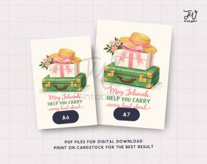 Two printable cards are displayed, each featuring an illustration of a green suitcase, a white gift box with a pink ribbon, a straw hat, and pink flowers, with the text "May Jehovah HELP YOU CARRY every load ahead" and size indicators "A6" and "A7", alongside a "JW Printables" logo and instructions for digital download and printing.