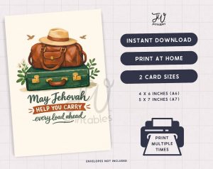 A greeting card design features stacked luggage with a hat and birds, accompanied by the text "May Jehovah HELP YOU CARRY every load ahead," and a side panel listing features like "INSTANT DOWNLOAD," "PRINT AT HOME," "2 CARD SIZES (4 X 6 INCHES (A6), 5 X 7 INCHES (A7))," and "PRINT MULTIPLE TIMES."
