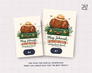 Two cards, one labeled A6 and one A7, display an illustration of a brown duffel bag with a straw hat on a green suitcase, accompanied by the text "May Jehovah HELP YOU CARRY every load ahead", with additional text "PDF FILES FOR DIGITAL DOWNLOAD PRINT ON CARDSTOCK FOR THE BEST RESULT" at the bottom and a "JW printables" logo at the top right.