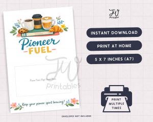 A digital product listing displays a printable gift card holder featuring coffee, a croissant, and books with the text "Pioneer -FUEL-" and instructions for instant download and home printing.