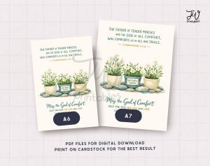 Two digital greeting card designs are displayed, featuring a Bible verse from 2 Corinthians 1:3,4, an illustration of potted plants with white flowers and a "GET WELL SOON" label, and the message "May the God of Comfort HELP YOU FEEL HIS LOVE AND CARE," with options for A6 and A7 sizes, along with instructions for digital download and printing.