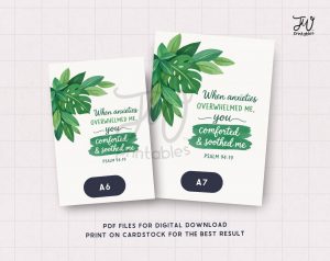 Two white cards with green leaf designs display the scripture "When anxieties OVERWHELMED ME, you comforted & soothed me PSALM 94:19", one labeled A6 and the other A7, along with text "PDF FILES FOR DIGITAL DOWNLOAD PRINT ON CARDSTOCK FOR THE BEST RESULT" and a "JW printables" logo.