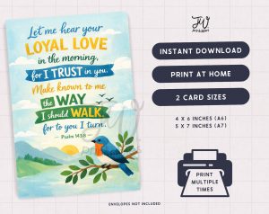 A greeting card design featuring a blue bird on a branch, mountains, and a rising sun, with the Bible verse Psalm 143:8, is displayed next to product information for an instant download printable card available in two sizes.