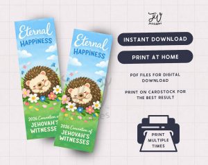 Two bookmarks featuring a sleeping hedgehog surrounded by flowers under a blue sky, with text "Eternal HAPPINESS" and "2026 Convention of JEHOVAH'S WITNESSES", are displayed next to promotional text for "JW printables" offering instant digital download for home printing on cardstock multiple times.