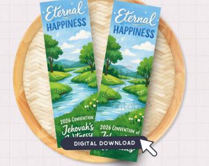 Two bookmarks featuring a serene landscape with a river, trees, and grass, titled "Eternal HAPPINESS" and mentioning "2026 CONVENTION Jehovah's" and "2026 CONVENTION of", are displayed on a wooden tray, with a "DIGITAL DOWNLOAD" banner and cursor overlay.