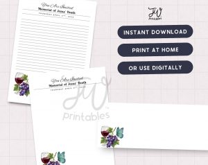 A digital image displays an invitation template for the "Memorial of Jesus' Death" on "THURSDAY APRIL 2ND, 2026," featuring illustrations of a wine glass, grapes, and a butterfly, alongside promotional text for "JW Printables" offering "INSTANT DOWNLOAD," "PRINT AT HOME," or "USE DIGITALLY."
