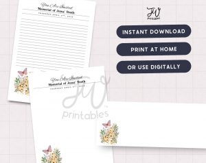 Two white invitation cards with floral and butterfly designs are displayed, one showing lines for writing and both featuring the text "You Are Invited Memorial of Jesus' Death THURSDAY APRIL 2ND, 2026," alongside a "JW Printables" logo and three dark blue buttons labeled "INSTANT DOWNLOAD," "PRINT AT HOME," and "OR USE DIGITALLY."
