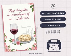 A digital product listing shows a printable card featuring the quote "Keep doing this in remembrance of me" - Luke 22:19, with an illustration of a glass of wine and flatbread, alongside details about instant download, print-at-home options, two card sizes (4x6 and 5x7 inches), and the ability to print multiple times.