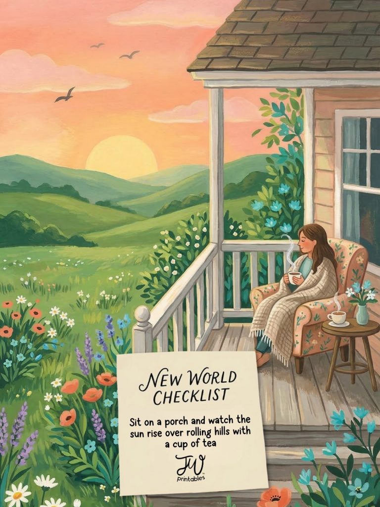 New World Checklist: Sitting on your porch and watching the sun rise over rolling hills with a cup of tea