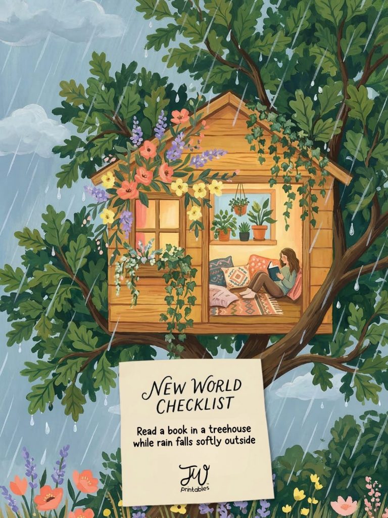 New World Checklist: Reading a book in a treehouse while rain falls softly outside