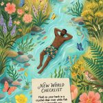 An illustration depicts a person floating on their back in a clear river surrounded by lush plants, flowers, butterflies, and fish, with a note in the foreground that reads "NEW WORLD CHECKLIST Float on your back in a crystal clear river while fish swim beneath you JW Printables".