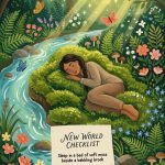 An illustration depicts a person sleeping peacefully on a mossy bank beside a winding stream in a vibrant forest, with a note in the foreground that reads "NEW WORLD CHECKLIST Sleep in a bed of soft moss beside a babbling brook JW Printables."