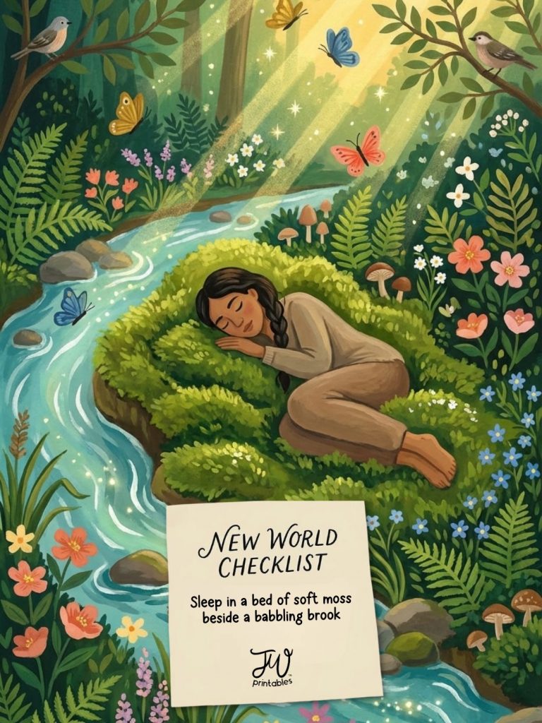 An illustration depicts a person sleeping peacefully on a mossy bank beside a winding stream in a vibrant forest, with a note in the foreground that reads "NEW WORLD CHECKLIST Sleep in a bed of soft moss beside a babbling brook JW Printables."