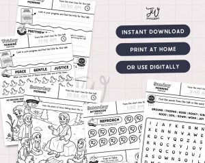 A stack of black and white activity sheets for a symposium, including fill-in-the-blanks, word coloring, a drawing of Jesus teaching, and a word search, is displayed next to a digital download advertisement for "JW printables" offering instant download, print at home, or digital use.