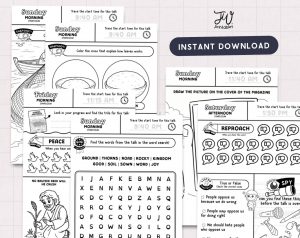 A collage of black and white children's activity sheets for a religious symposium features various tasks including tracing times, coloring icons, word searches, true/false questions, and drawing prompts, alongside a "JW printables" logo and an "INSTANT DOWNLOAD" button.