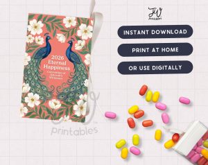 A booklet with a peacock and floral design on a coral background, titled "2026 Eternal Happiness Convention of Jehovah's Witnesses," is displayed alongside three dark blue buttons labeled "INSTANT DOWNLOAD," "PRINT AT HOME," and "OR USE DIGITALLY," with colorful candies scattered on a tiled surface.