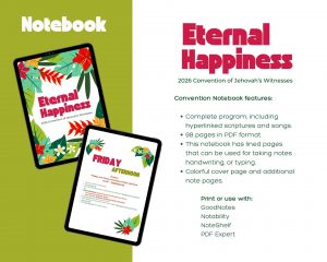 An image displays two digital tablets showing pages from an "Eternal Happiness 2026 Convention of Jehovah's Witnesses" notebook, with text on the right detailing its features and compatible applications.
