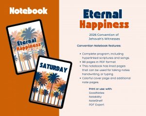 An image showing two tablets displaying pages from a digital notebook titled "Eternal Happiness 2026 Convention of Jehovah's Witnesses," with text describing its features and compatible applications.